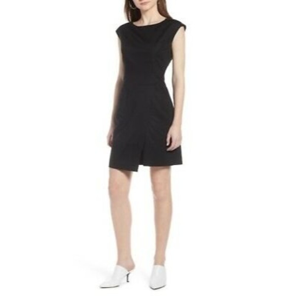 Halogen Nordstrom Pocket Dress Size 4 Cap Sleeve Asymmetrical Hem Black NEW B27
